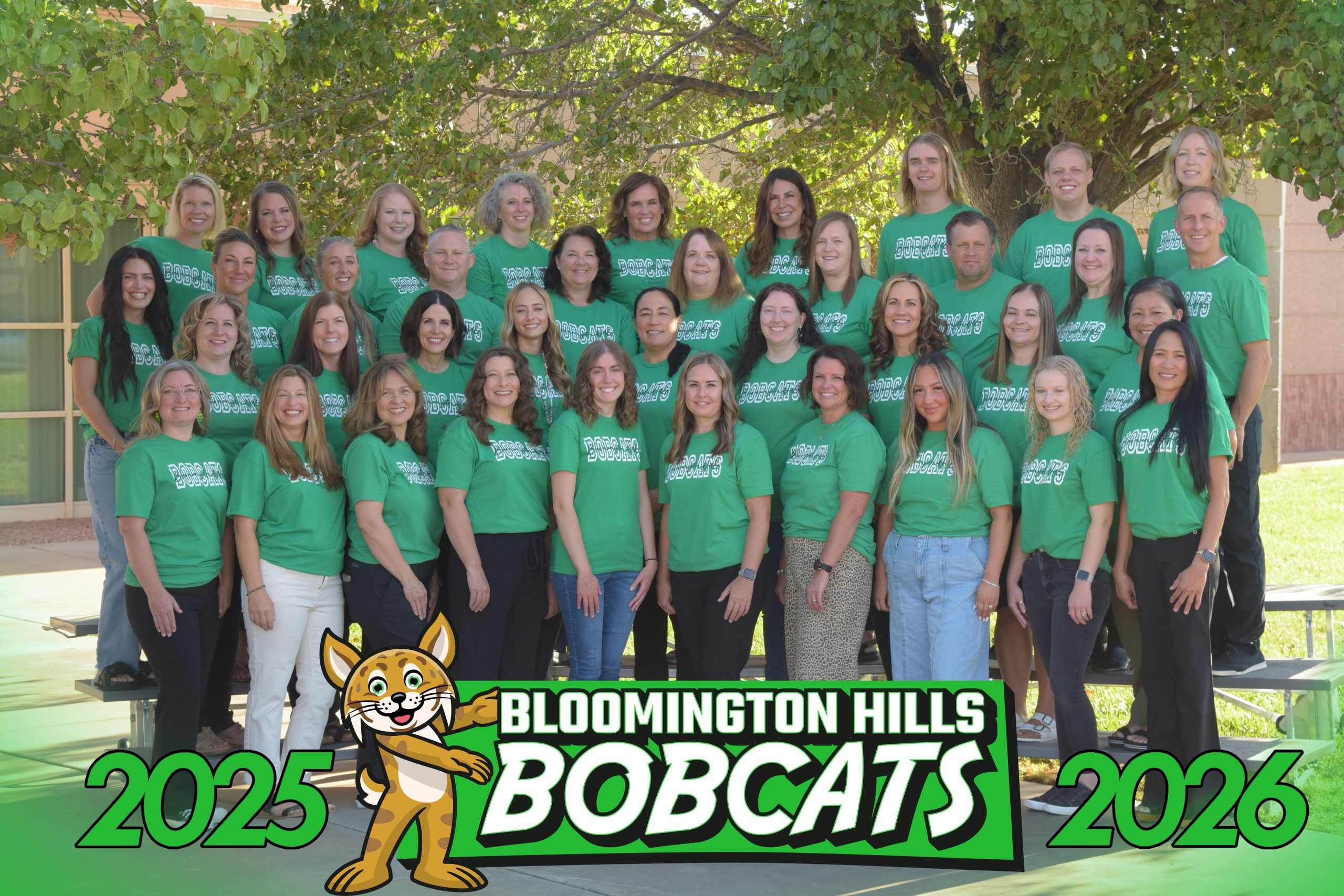 staff members of Bloomington Hills Elementary standing outside of the school